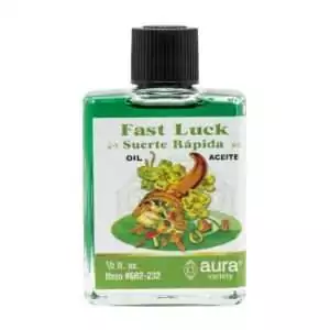 Fast Luck ritual oil 4-dram vial by Aura — compact hoodoo condition oil bottle with luck-drawing formula for quick fortune attraction spellwork.