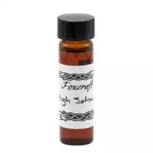 Foxcraft High John Conqueror Ritual Oil 2 dram — small amber glass vial with herbal contents labeled 'High John' with black screw cap and Foxcraft decorative labeling.