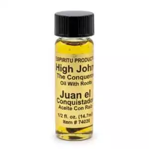 High John the Conqueror condition oil 4 dram square bottle with root visible inside — hoodoo oil for victory and personal power.