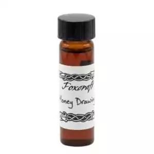 Foxcraft Money Drawing Ritual Oil 2 dram — small amber glass bottle with black screw cap labeled 'Money Drawing' with decorative Foxcraft branding for prosperity ritual use.