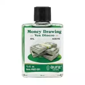 Small glass 4 dram bottle of Money Drawing condition oil by Aura Variety, labeled with stacked money imagery for attracting financial prosperity.