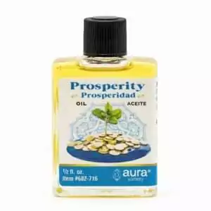 Small Prosperity condition oil bottle with yellow label showing coins and a green plant — Aura Variety 4-dram square glass ritual oil in English and Spanish.