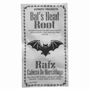 Bat's Head root (Cabeza de Murciélago) hoodoo wish curio — the rare wish-granting conjure root shown with folk magic illustration for mojo bag petition work.