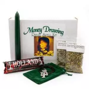 Money drawing boxed ritual candle kit — gift-ready prosperity intention set with dressed green candle and instruction card in decorative box packaging.