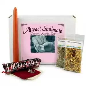 Attract Soulmate Boxed Ritual Kit — complete love drawing spell set with candle, spell mixes, bags, and amulet for soulmate attraction and relationship magic.