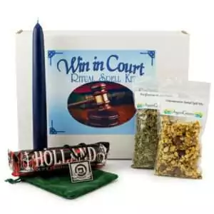 Win In Court Boxed Ritual Kit — complete legal victory spell set with candle, spell mixes, bags, and amulet for court and justice workings.