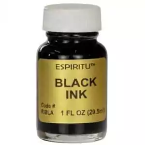 Espiritu Black Ink 1oz bottle — magical ink for inscribing spells, sigils, words of power, and ritual symbols on parchment and paper for folk magic and spellcraft.