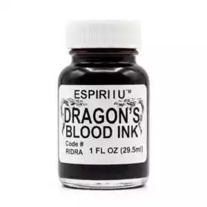 1 oz bottle of Dragon’s Blood ritual writing ink by Espiritu, used for inscribing spells, sigils, petitions, and magical documents.