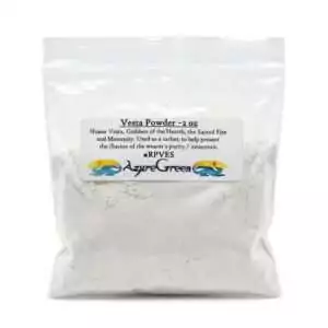 Vesta Ritual Powder 2oz in a small container — sacred hearth sachet and flash powder blend for banishing, purification, and flame-based altar ritual use.