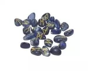 Sodalite rune set 25 pieces with Elder Futhark engravings — natural blue and white sodalite gemstone tiles showing carved Norse rune alphabet for third eye crystal divination.