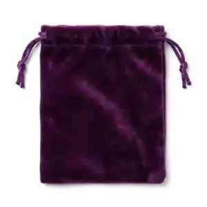 Tiny purple velveteen drawstring bag 2 by 2.5 inches — small soft pouch for crystal chips, pocket mojo bags, and herb-filled intention pouches in rich purple fabric.