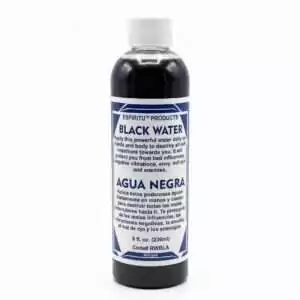 Bottle of Black Water (Aqua Negra) ritual wash with blue and white label — bilingual English/Spanish 8oz hoodoo floor wash for banishing.