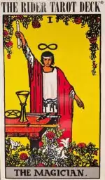 RiderWaite Rider-Waite Tarot Magician card showing a robed figure with one arm raised holding a wand above an altar bearing the four suit symbols.