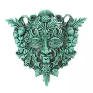 Green Man Celtic nature spirit wall plaque with leaf face foliage design for pagan altar garden sanctuary and nature-based sacred space