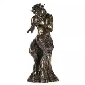 Nine and a half inch Pan Satyr statue of Greek god of wild nature music and ecstasy for pagan altar decor and earth magic devotion