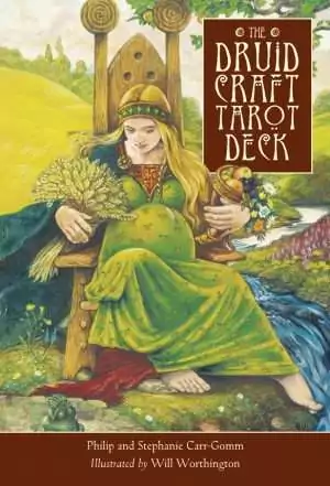 The Druid Craft Tarot Deck box front: a woman in a green gown seated on a carved wooden throne with a sheaf of wheat and a cornucopia of fruit beside a stream, art by Will Worthington