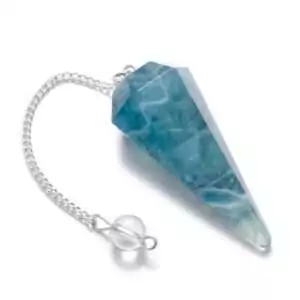 Green fluorite 6-sided faceted pendulum — translucent blue-green crystal point on silver chain for dowsing, chakra work, and divination practice.