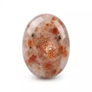 Polished sunstone palm stone with pinkish-orange sparkle for solar plexus chakra joy abundance and confidence crystal work