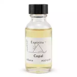 Espiritu Copal Anointing Oil 1oz glass bottle with black cap — light yellow ritual fragrance oil for purification, space clearing, and altar consecration rituals.