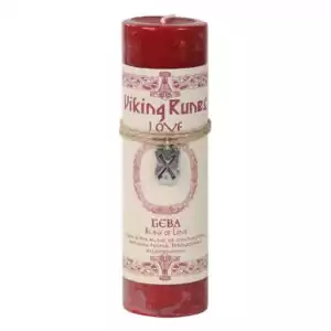 Red love pillar candle labeled 'Viking Runes Love' with a Gebo rune decoration and attached charm — Norse-inspired ritual set for love and partnership magic.
