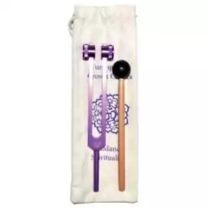 Two purple aluminum tuning forks and a rubber mallet displayed in a drawstring bag with a spiritual design — crown chakra sound healing set.