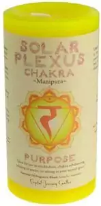 Crystal Journey Solar Plexus Chakra 3x6 yellow pillar candle with Manipura symbol for personal power confidence and abundance ritual use