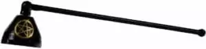 Seven-inch black and gold pentagram candle snuffer with pentacle decorated bell, shown as a Wiccan ritual altar tool