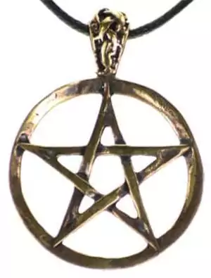 Bronze pentagram pendant with filigree interwoven five-pointed star design and primitive outer circle, shown on black cord against white background