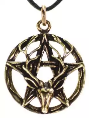 Bronze pentagram stag pendant featuring a double pentacle with antlered stag head at center, hanging from a black cord on white background