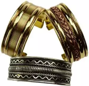 Assorted two tone bronze and crystal bead bracelet with one inch sized mixed beads in earthen color combinations, boho spiritual crystal and metal bead bracelet for daily wear.