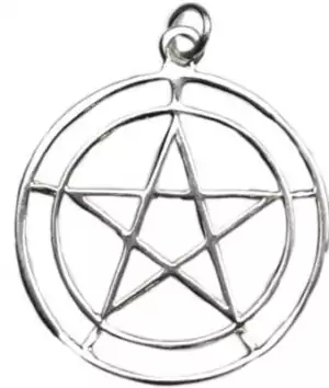 Sterling silver double circle pentagram pendant with two concentric rings framing the five-pointed star, elegant Wiccan spiritual protection necklace pendant.