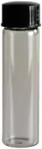 Clear glass 2 dram round bottle with metal cap, transparent glass vial ideal for spell bottles and potion work showing visible herbal layers and crystal ingredients.