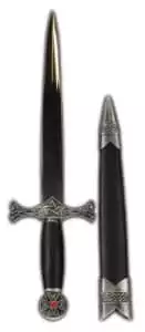 Celtic Athame 15 inch — long pewter-finished ritual athame with interwoven pentacle crossguard and scabbard for Wiccan and Celtic ceremonial altar work and circle casting.