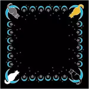 Moon Cat Altar Cloth 36 by 36 inches — colorful witchy altar cloth featuring cats perched on crescent moons with stars, usable as altar base, ceremonial scarf, or wall hanging.