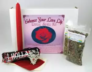 Enhance Your Love Life Boxed Ritual Kit — complete passion and desire candle spell set with love spell mixes, bags, amulet, and step-by-step instruction for romantic fire rituals.