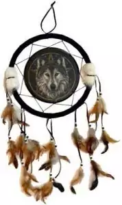 Wolf dream catcher 13 inches inspired by Lisa Parker — large 26 by 13 inch wall hanging featuring dramatic wolf imagery woven into a traditional dream catcher design.