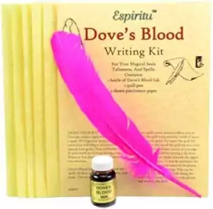 Dove’s Blood Writing Kit with red ritual ink and parchment paper for love spells, attraction petitions, and romance ritual writing.