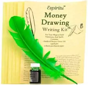 Money drawing writing kit showing a green feather quill pen, small bottle of green magical ink, and parchment sheets for abundance petition spell work.