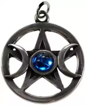 Pewter pentagram and moons pendant necklace with five-pointed star surrounded by crescent moon designs, Wiccan triple moon goddess pendant for lunar magic and protection.
