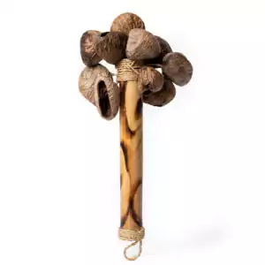 Traditional bamboo shaker with a wood handle and dried seed pod exterior — 8-inch Balinese handcrafted ritual percussion instrument.