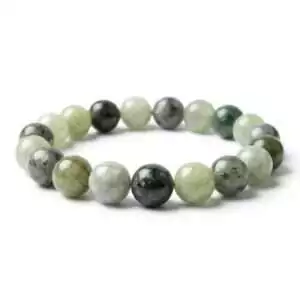 Green Jade bracelet 8mm with smooth polished mottled green beads on elastic cord — harmony, luck, and heart chakra crystal stretch bracelet.