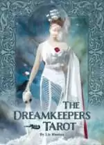 DDRETAR_Z_1 Dreamkeepers Tarot box cover showing a woman in a flowing white gown holding a swan and rose against a deep blue dreamscape background.