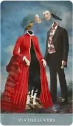 Version 1.0.0 Two headless figures in vintage red dress and suit, representing a love card in the Dreamkeepers Tarot with surrealist imagery.