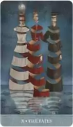 Version 1.0.0 Three elegantly layered figures in vintage clothes standing in a row, from the Dreamkeepers Tarot court cards section.