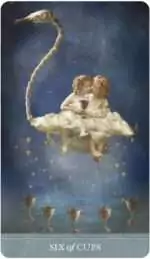 Version 1.0.0 Two children sharing cups on a cloud with a swan overhead, Dreamkeepers Tarot card depicting a nostalgic cups scene.