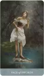 Version 1.0.0 Young woman in vintage dress standing on a rock holding a sword, Dreamkeepers Tarot swords card in misty forest setting.