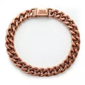 Solid copper link bracelet with interlocking chain links and clasp stamped SOLID COPPER — heavy traditional healing jewelry displayed flat.
