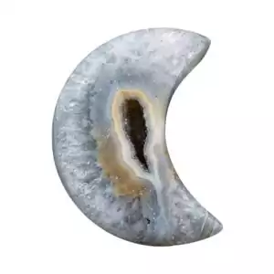 A small moon-shaped druze agate geode showing an organic crescent form with a sparkling crystalline inner surface, suitable for pocket altars and lunar rituals.