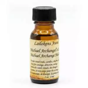 A 15ml Lailokens Awen Archangel Michael ritual anointing oil bottle with printed label, for protection, courage, and angelic warrior energy ceremonial work.