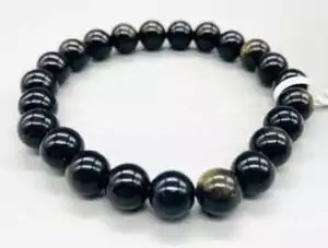 Beaded bracelet of 8mm gold sheen obsidian stones with black volcanic glass base and golden metallic shimmer for grounding shadow work and psychic protection